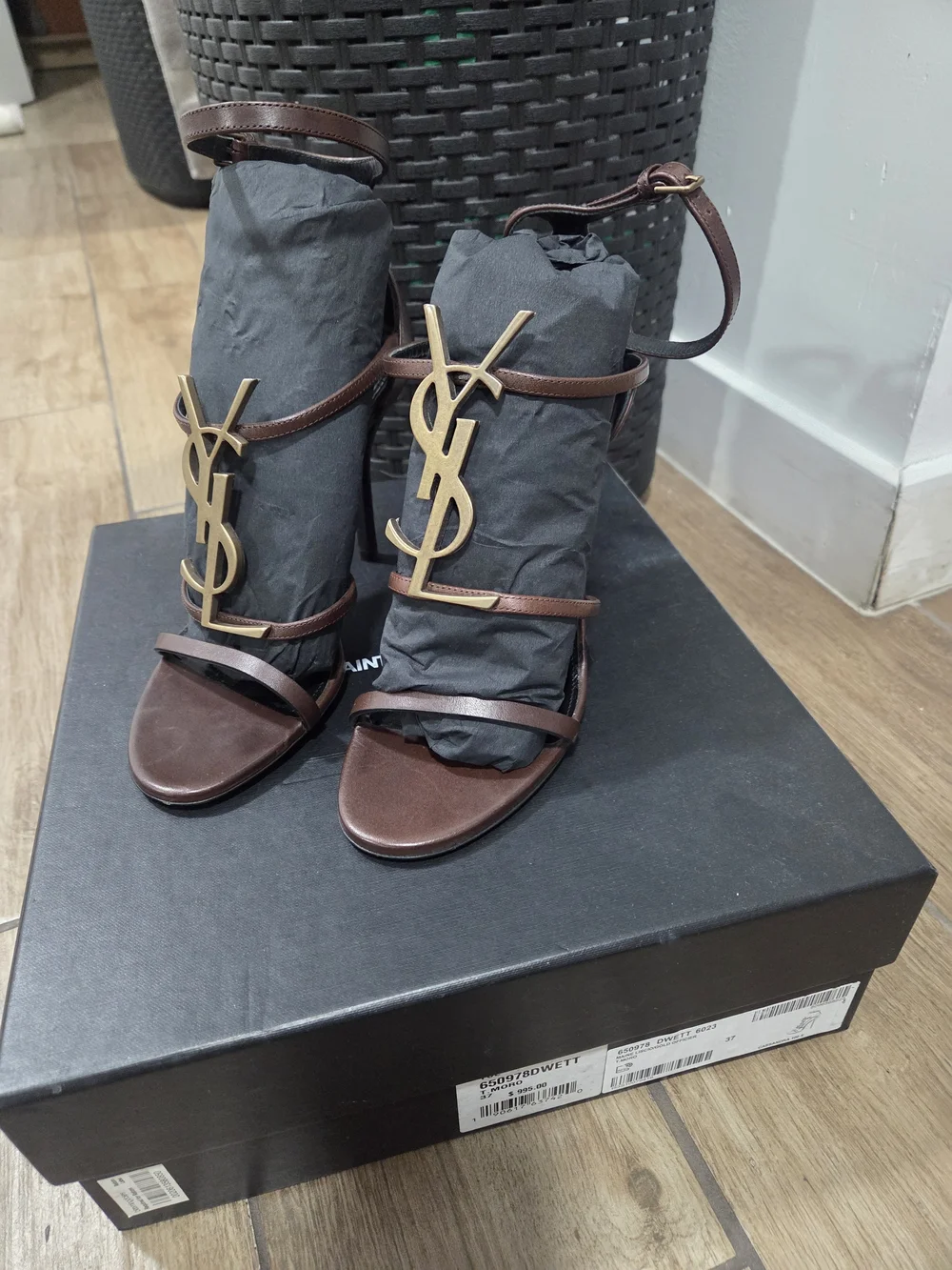 Saint Laurent Brown Leather YSL Logo Ankle-Strap Sandals - Picture 2 of 6